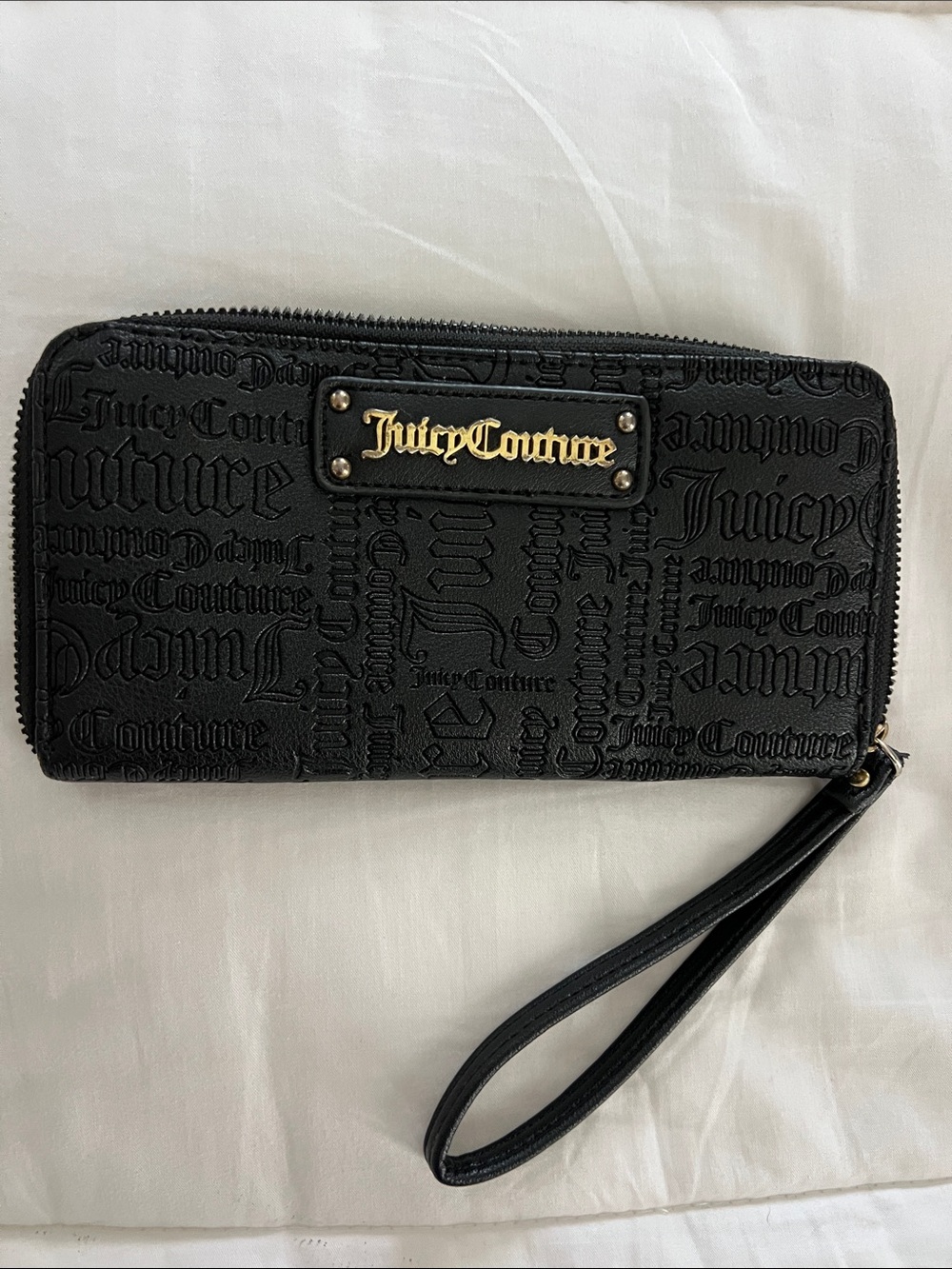 Juicy Couture Black Embossed Logo Wristlet with Gold Plaque